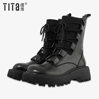 缇塔 Martens, Tide, демисезонный ремень, трикотажные черные короткие сапоги, из натуральной кожи
