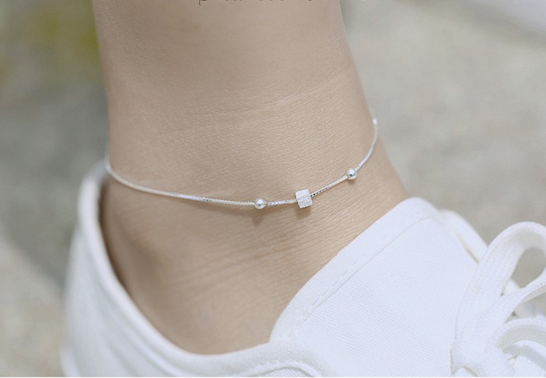 Ling cat vẽ vuông đơn giản S925 sterling bạc vòng chân nữ mùa hè nhỏ bóng phụ kiện trang sức sinh nhật Hàn Quốc - Vòng chân vòng đeo chân nữ