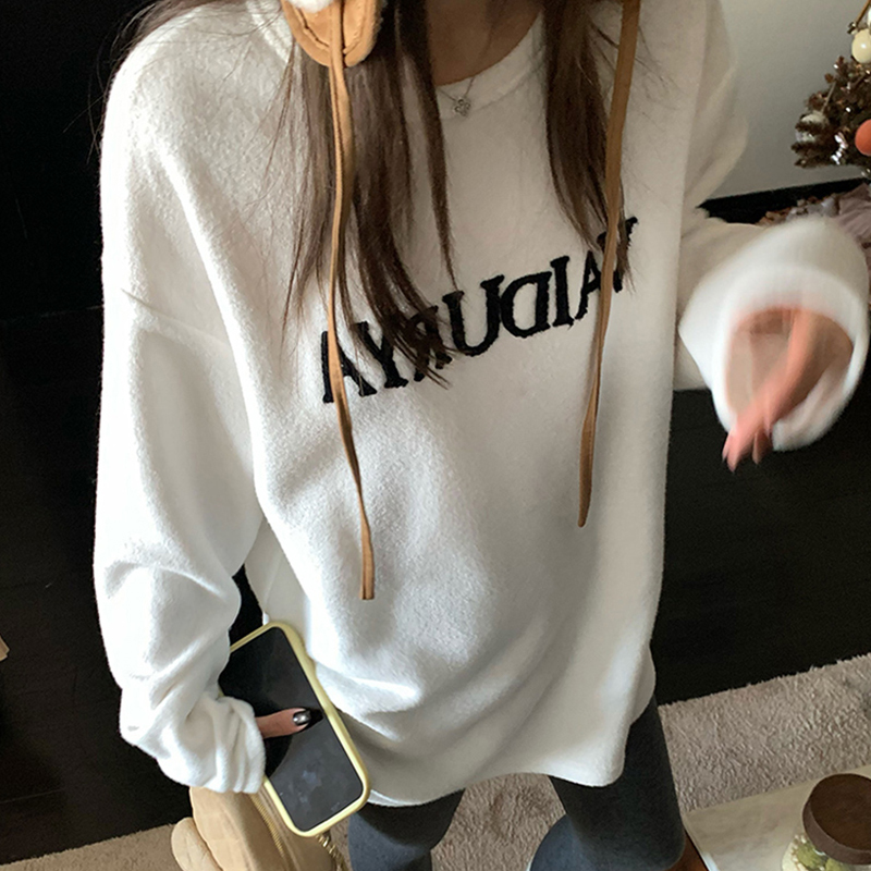 White Terry Fleece-Lined Thickened Base Sweatshirt for Women, Winter Korean Style, Loose Round Neck, Fashionable Casual Top ins
