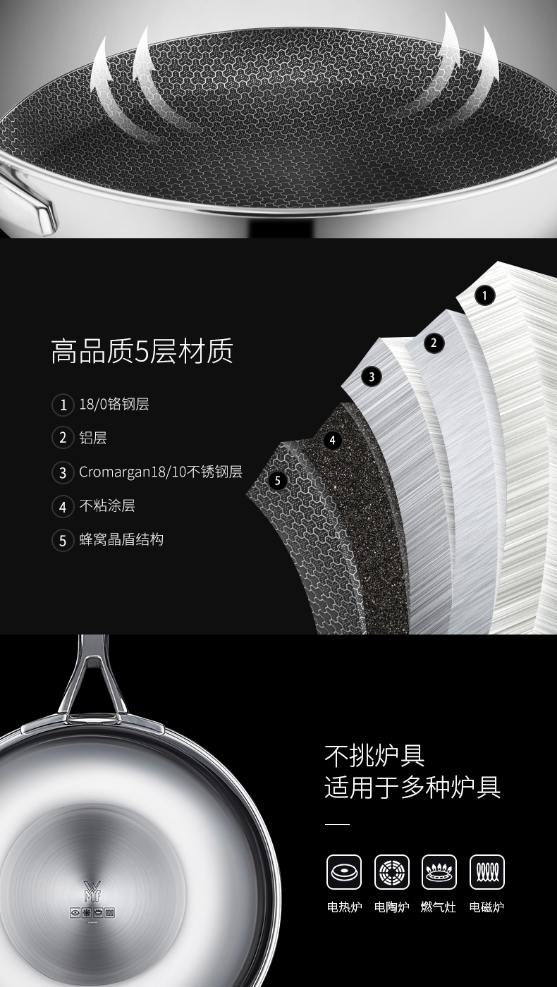 Đức WMF tổ ong chảo thép không gỉ hộ gia đình không dính chảo cảm ứng bếp gas ứng dụng chảo inox