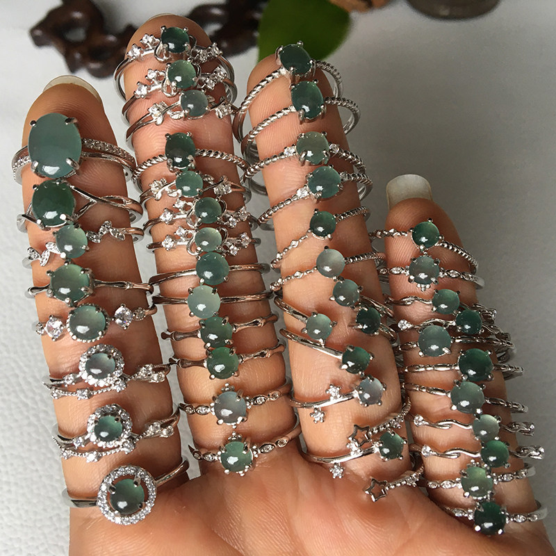 Special clearance clearance batch, pure natural A goods jade ice egg surface blue water ring surface 925 silver inlaid jade ring