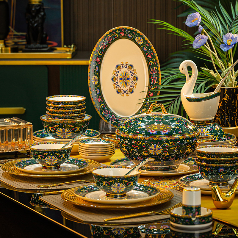 Jinghong Jingdezhen Enamel Color Tableware Set, High-End Bowl and Plate Set, Chinese-Style Household Palace-Style Housewarming Gift