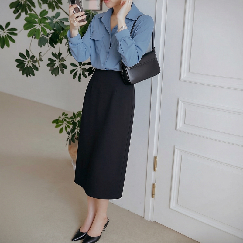 Versatile Minimalist High-Waisted A-Line Skirt for Women, Black Mid-Length Wool Acetate Tencel Skirt