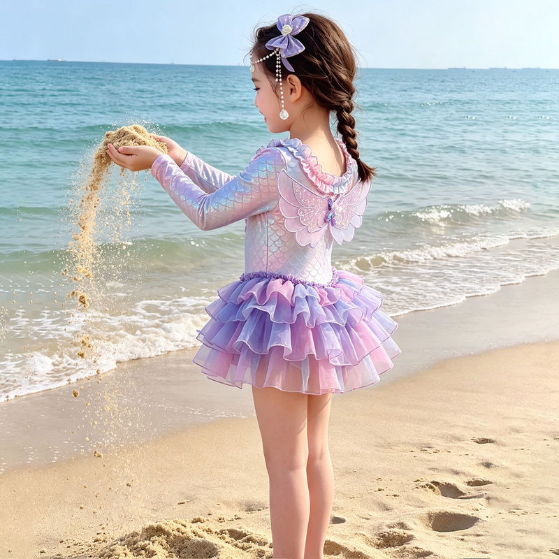 Girls' Colorful Winged Mermaid One-Piece Swimsuit 2026 Summer Princess Swimsuit Baby Sun Protection Long-Sleeved Swimsuit