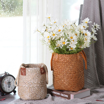 Nordic straw woven flower basket portable woven basket ins home living room piano leaf banyan flower pot ornaments rattan basket decoration