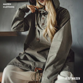 马登军绿色水洗中长款宽松全棉套头连帽工装风衣连衣裙外套女士秋