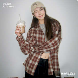 马登美拉德棕咖色系格子纹长袖衬衣宽松磨毛衬衫外套上衣女士秋季