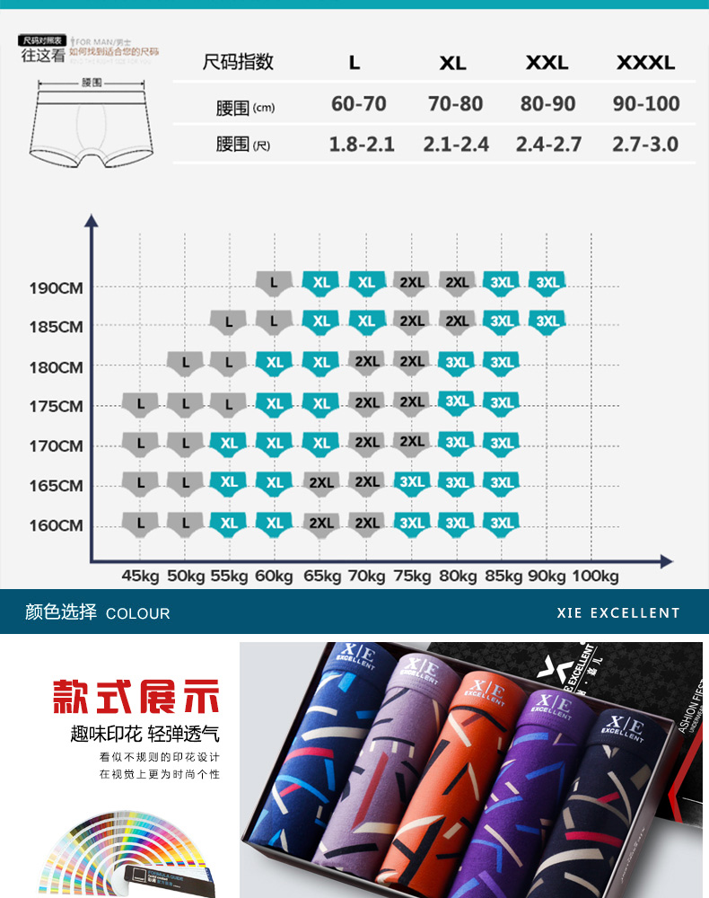 Hộp quà tặng Quần lót nam Xie Jiaer Quần cotton thoáng khí thấm mồ hôi 衩 phẳng góc chữ U quần lửng bốn góc eo quần lót thể thao