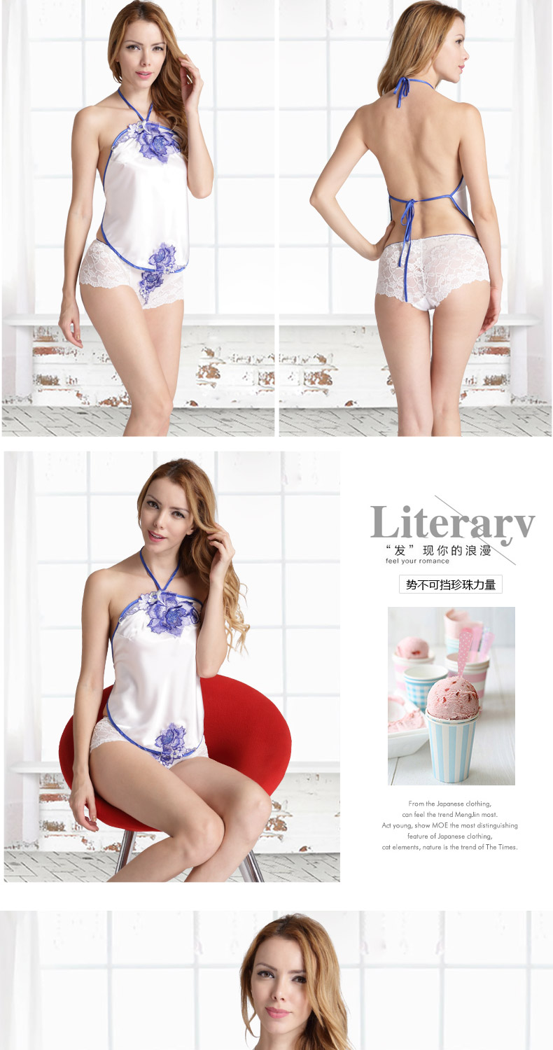 Ác mộng thời trang gợi cảm tạp dề thêu ren đồ lót nữ màu xanh và trắng sứ dịch vụ nhà đồ lót gợi cảm bộ ngủ 2 dây
