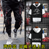 A set of clothes mens summer short sleeve T-shirt pants suit new trend hip hop spring jacket pants two-piece set