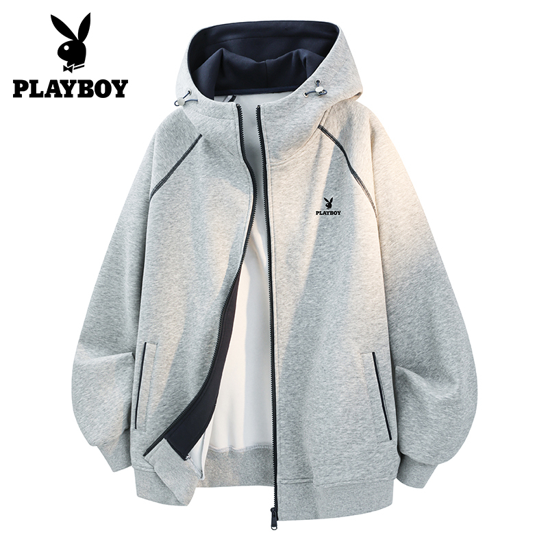Playboy Gray Sweatshirt for Women 2026 New Autumn Korean Style Petite Cardigan Jacket Couple Hooded Coat