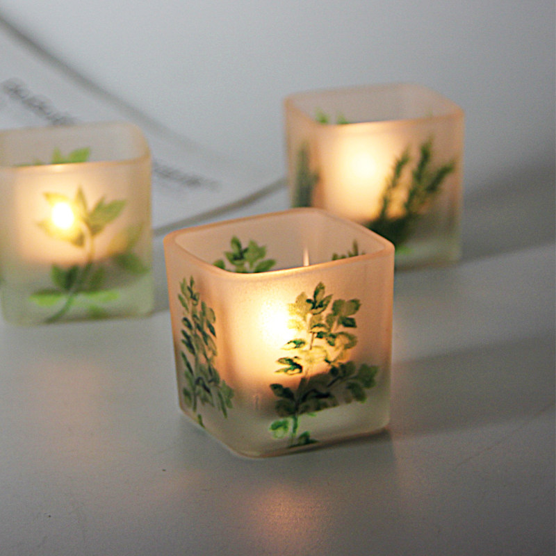 Fresh 5CM green plant printing square glass candle holder romantic home candlelight dinner decoration to send electronic candles