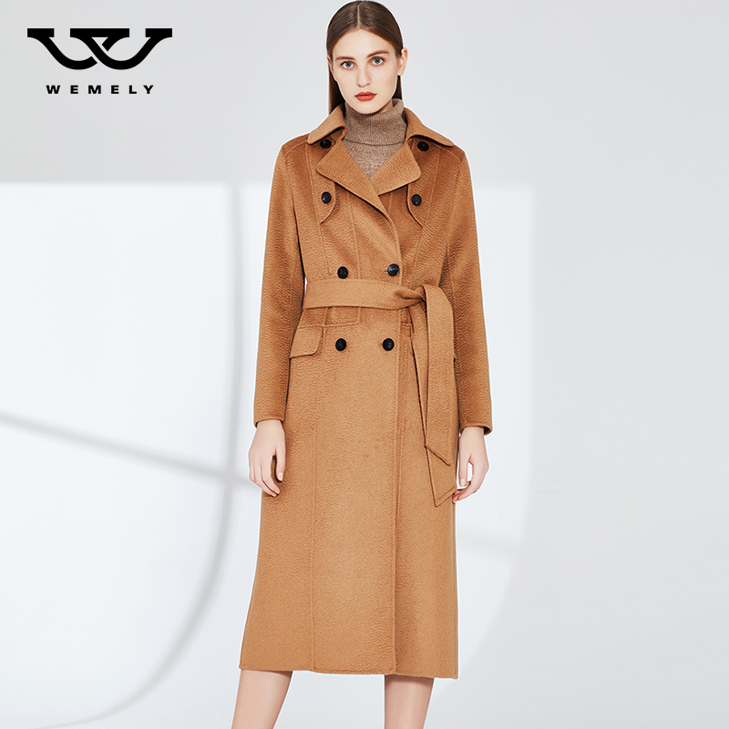 Water ripple double-sided cashmere coat women's mid-length 2020 autumn and winter double-breasted fashion waist woolen coat