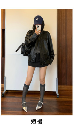 Кожаная куртка 左边女装立领机车皮衣外套2024春装新款复古做旧皮夹克 男女同款 ILEFT