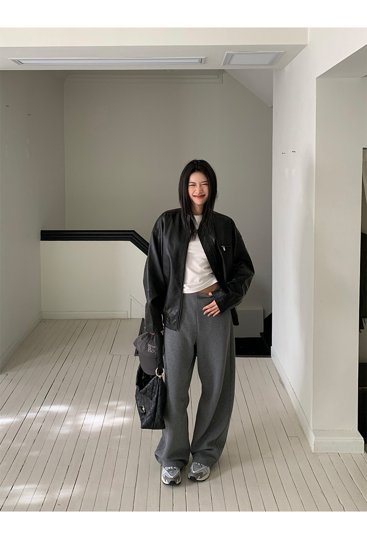 Кожаная куртка 左边女装立领机车皮衣外套2024春装新款复古做旧皮夹克 男女同款 ILEFT