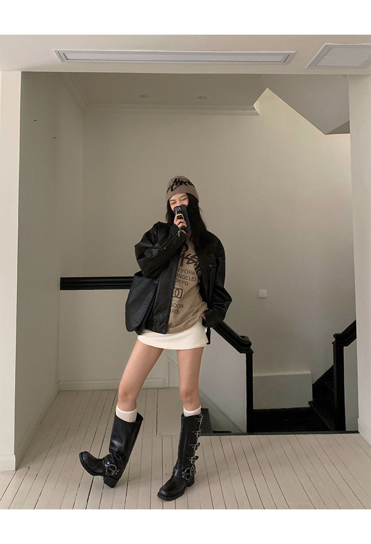 Кожаная куртка 左边女装立领机车皮衣外套2024春装新款复古做旧皮夹克 男女同款 ILEFT