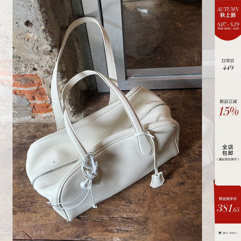 Ileft Left-Hand Daily Wear Accessories, First-Layer Cowhide Boston Bag, Commuter Bowling Handbag