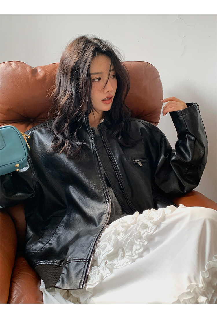 Кожаная куртка 左边女装立领机车皮衣外套2024春装新款复古做旧皮夹克 男女同款 ILEFT