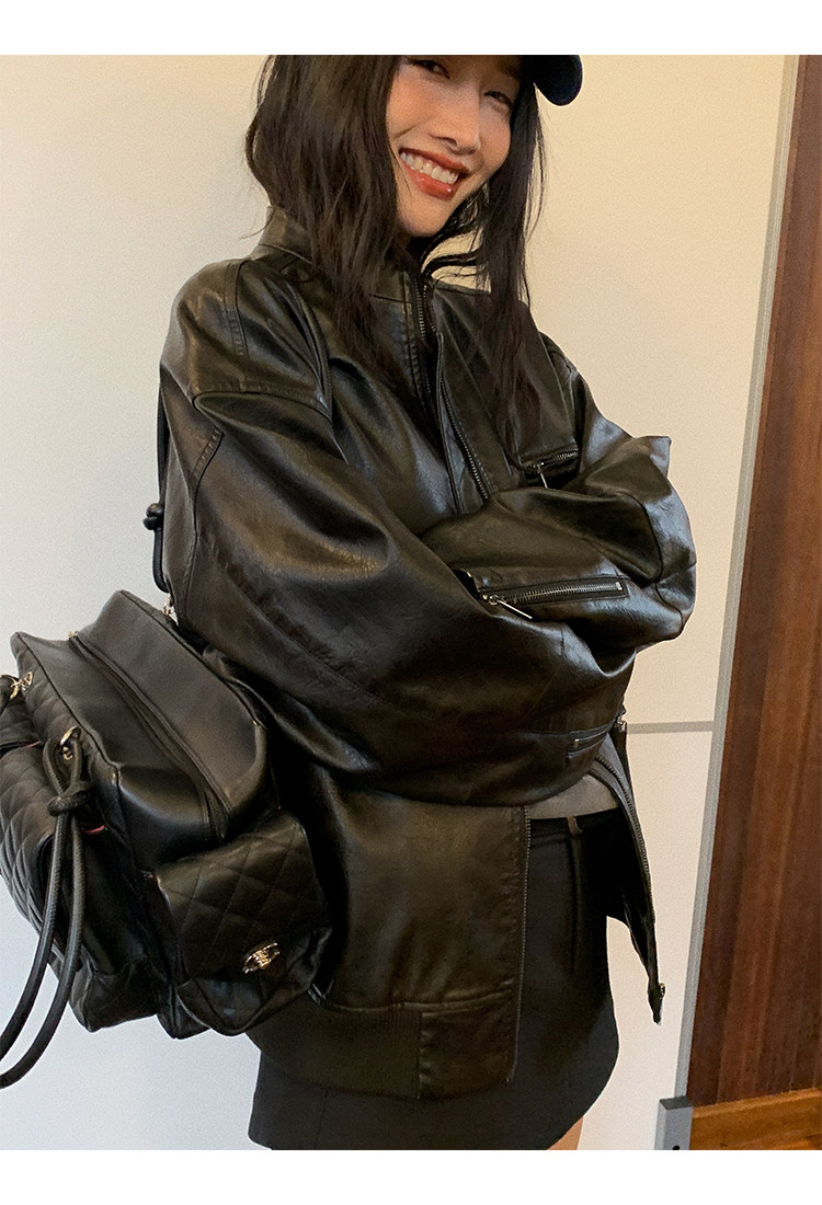 Кожаная куртка 左边女装立领机车皮衣外套2024春装新款复古做旧皮夹克 男女同款 ILEFT