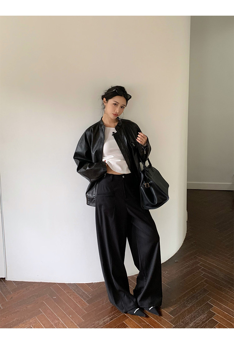 Кожаная куртка 左边女装立领机车皮衣外套2024春装新款复古做旧皮夹克 男女同款 ILEFT