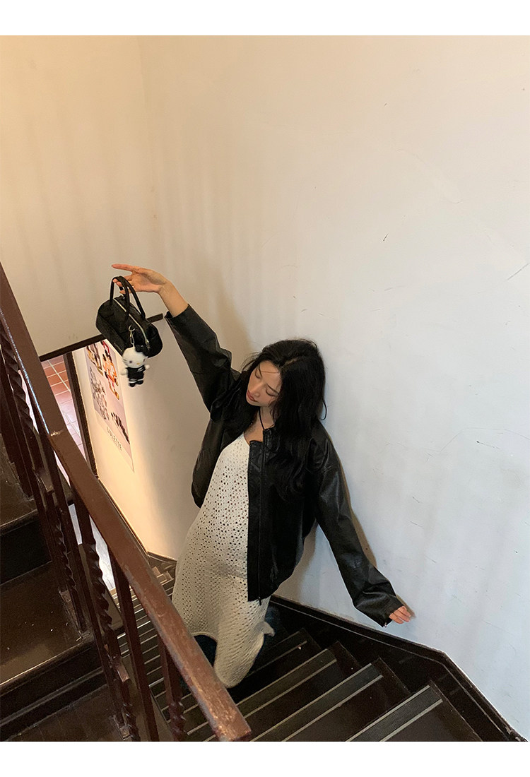 Кожаная куртка 左边女装立领机车皮衣外套2024春装新款复古做旧皮夹克 男女同款 ILEFT