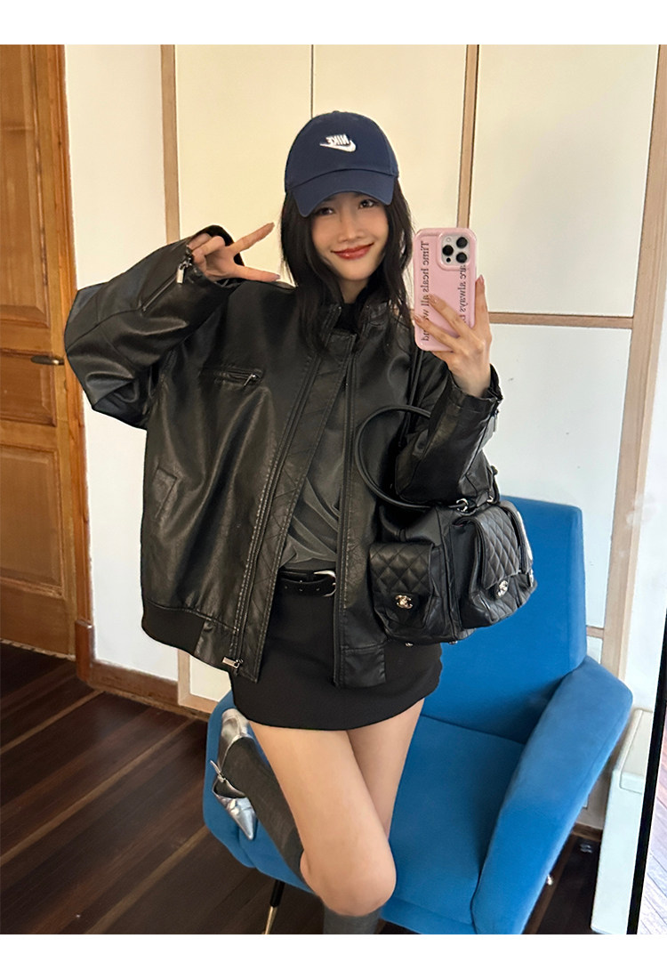 Кожаная куртка 左边女装立领机车皮衣外套2024春装新款复古做旧皮夹克 男女同款 ILEFT