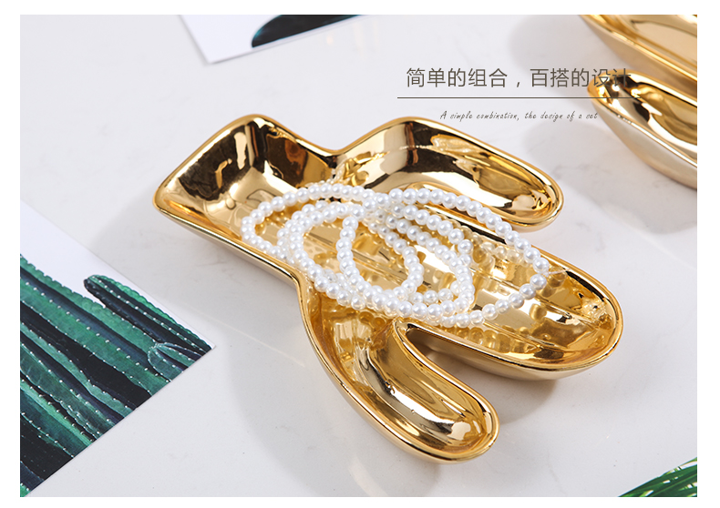 Nordic light receive dish bedroom bath key-2 luxury gold cactus decorative furnishing articles creative ceramic necklace jewelry ring