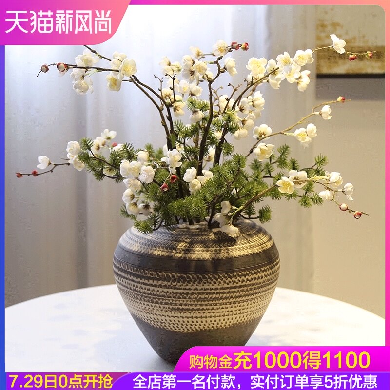 Jingdezhen coarse pottery countertop vase simulation flower Retro retro decorative flower flower arrangement ornaments living room pottery pot decoration