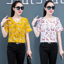 Summer printed blouse Womens new short sleeves Lotus Leaf Collar blouses female Han version Lean Temperament to the bottom Shirt Woman