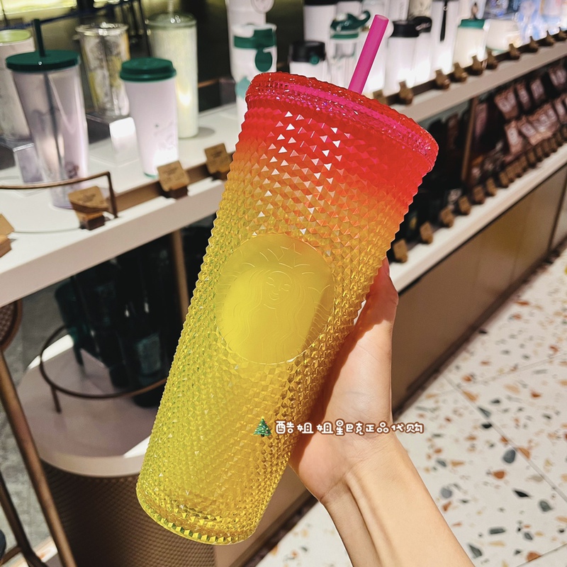 Starbucks 23 Summer New Product Gift Vibrant Pink-Yellow Gradient Large Capacity Colorful Plastic Durian Diamond Straw Cup