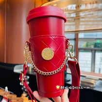 Starbucks 2022 Lovers Gift Retro Red Stainless Steel Accompanying Insulation Cup with Lattice Metal Plate Cortical Cup Sleeve