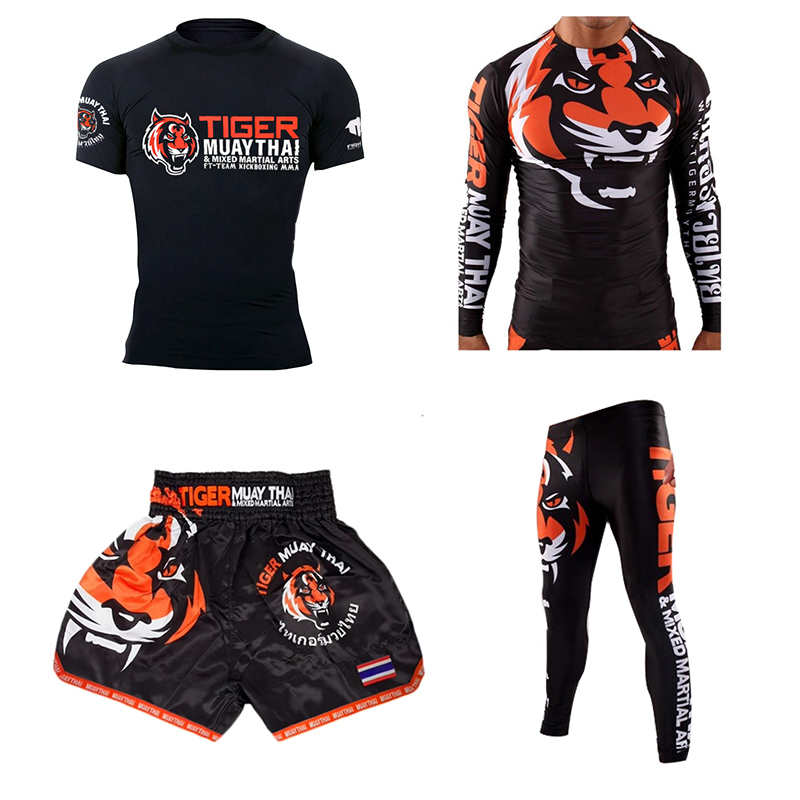 Tiger Muay Thai Boxing Four-Piece Set Men's Sports Fitness Mma Sanda Fighting Training Suit Quick-Drying Long Shirt