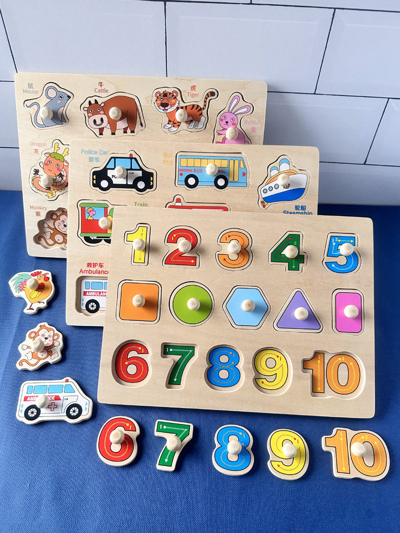 Mont's wooden hand grip plate 1-2 years old Child early education Cubism puzzle baby Cognitive Embedded puzzle Puzzle Building Toy-Taobao