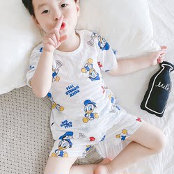 Children's pajamas short -sleeved suit Household clothes Summer thin bamboo fiber breathable boys, girls, children air -conditioning units