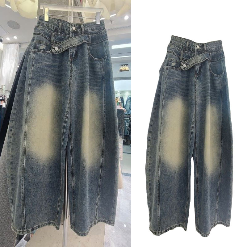Autumn New Vintage Wide-Leg Jeans for Women with Unique Design, Cross Belt, High Waist, Slimming, American Style, Floor-Length Pants