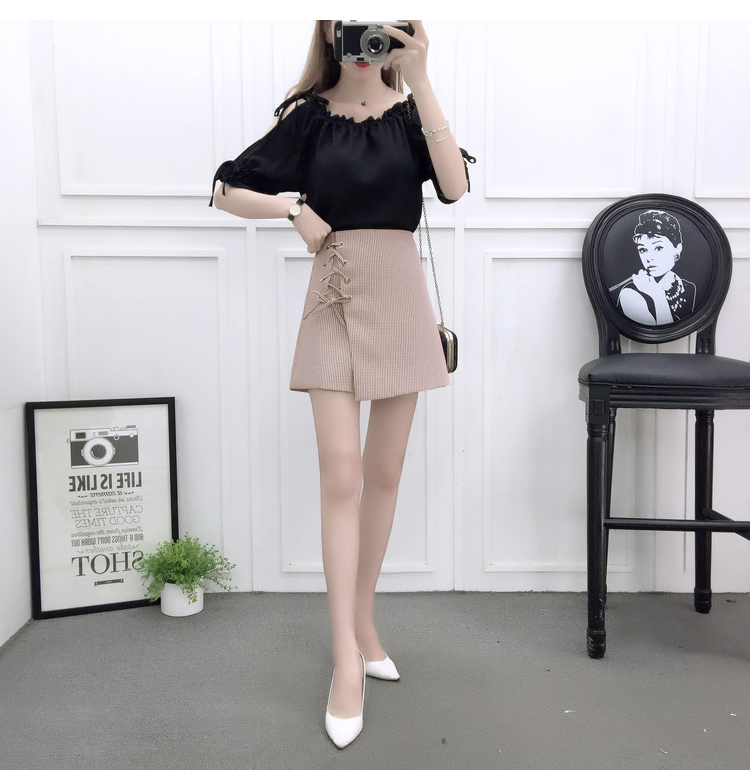 VK旗艦店 韓國風露肩時尚雪紡高腰系帶綁帶套裝短袖裙裝