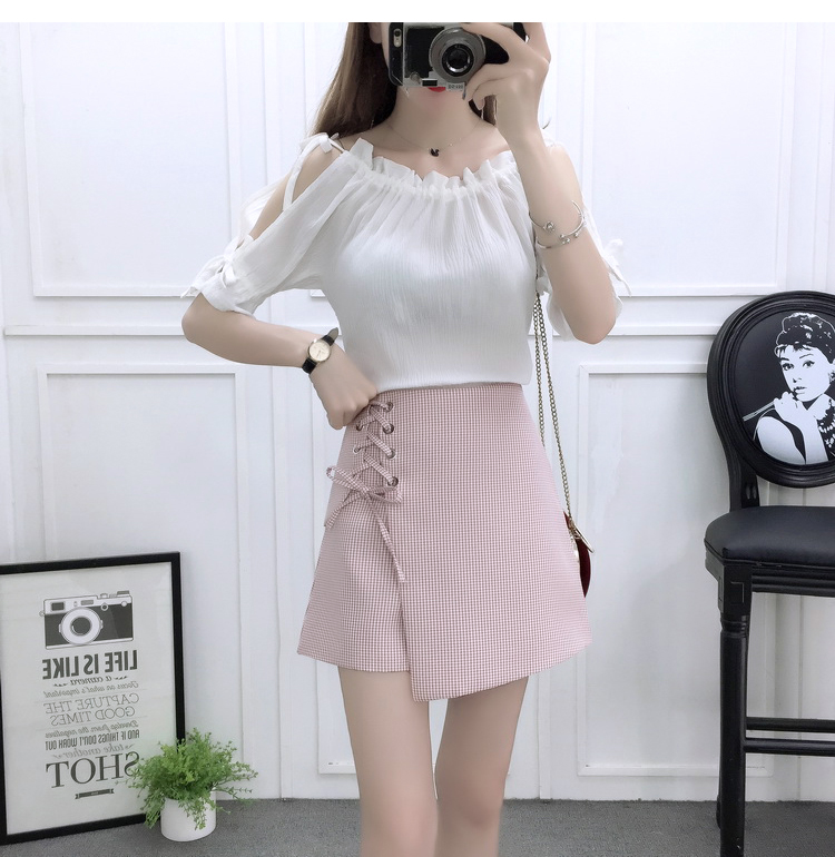 VK旗艦店 韓國風露肩時尚雪紡高腰系帶綁帶套裝短袖裙裝