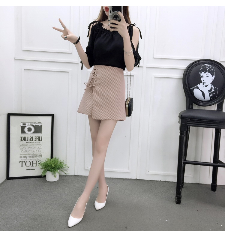 VK旗艦店 韓國風露肩時尚雪紡高腰系帶綁帶套裝短袖裙裝