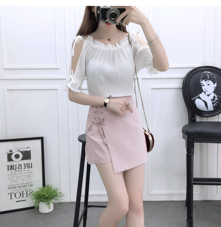 VK旗艦店 韓國風露肩時尚雪紡高腰系帶綁帶套裝短袖裙裝