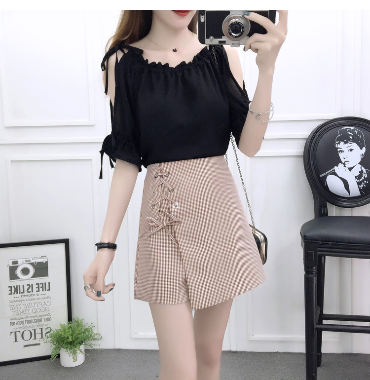 VK旗艦店 韓國風露肩時尚雪紡高腰系帶綁帶套裝短袖裙裝