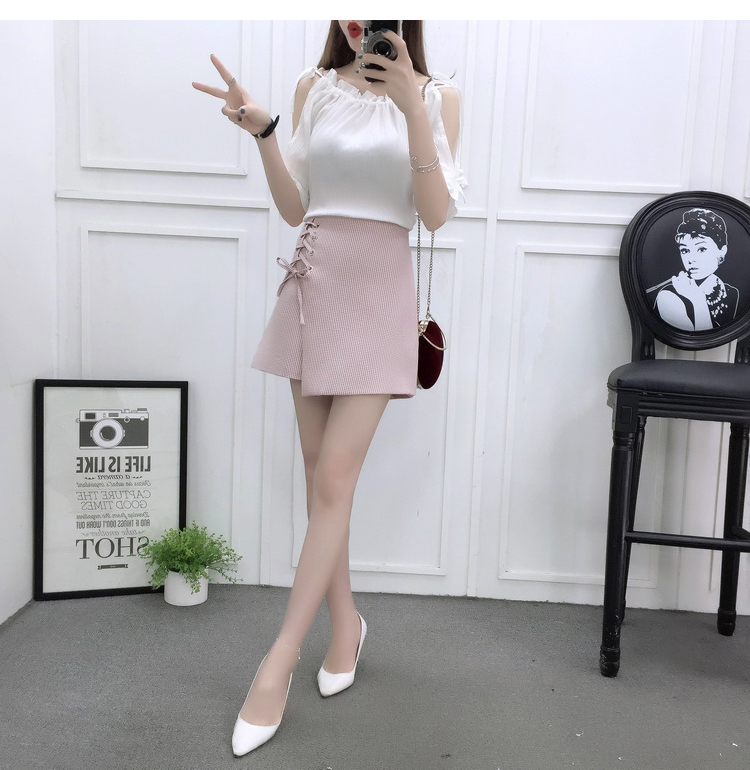 VK旗艦店 韓國風露肩時尚雪紡高腰系帶綁帶套裝短袖裙裝