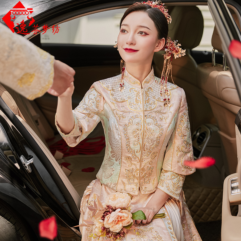 Xiuhe clothing 2022 new golden out of the court clothing wedding dress Chinese wedding bridal clothing Chinese style dragon and phoenix hanging embroidered clothing