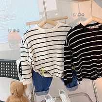 Childrens spring and autumn thin round neck stripe base shirt 2021 new small children Foreign style leisure interior pullover tide
