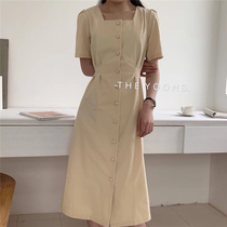 THE YOONS new summer square collar retro single-breasted Medium-length dress sweet Hepburn lace dress women