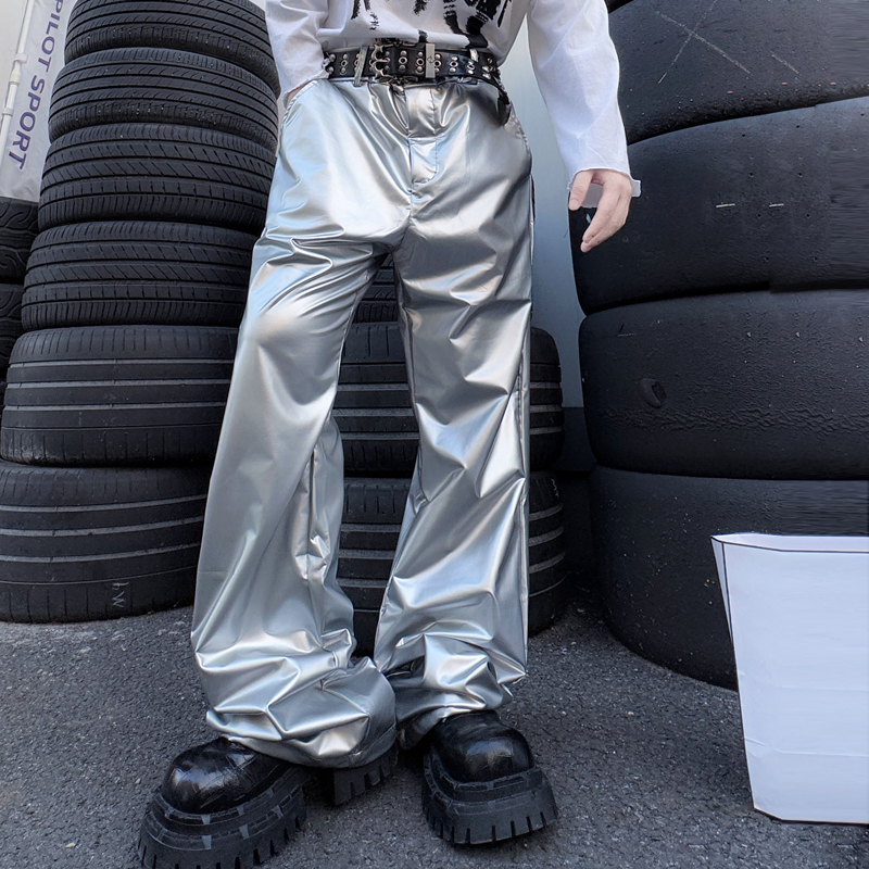 Trendy Tech-Savvy Shiny Silver Casual Pants Hip-Hop Fashion Reversible Wide-Leg Pants Performance Stage Pu Leather Pants for Men and Women
