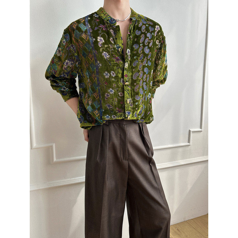 Retro Velvet Green Printed Velvet Shirt Men's New Chinoiserie High-End Top Korean Style Loose Shirt Spring and Summer New Style