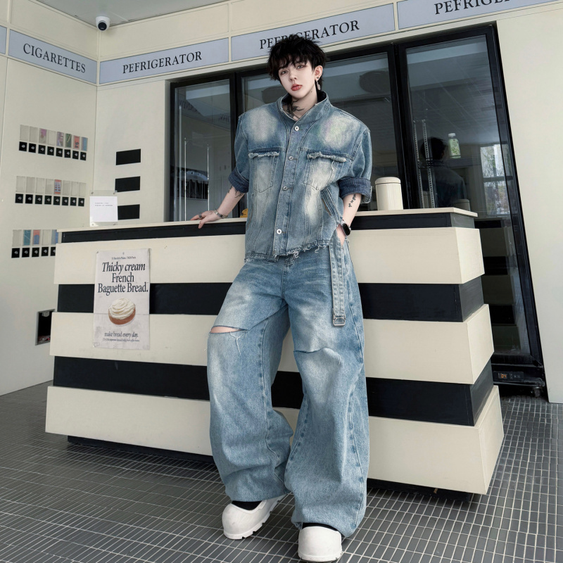 2026 Summer Style Stand Collar Patchwork Plaid Short Sleeve Denim Jacket Wide Leg Pants Men's Set Distressed Frayed Edges 2026 Summer Style Stand Collar Patchwork Plaid Short Sleeve Denim Jacket Wide Leg Pants Men's Set Distressed Frayed Edges