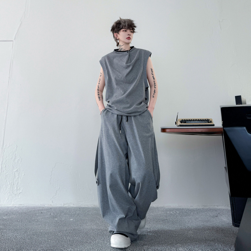 2026 Summer Solid Color Contrast Collar Vest Casual Wide-Leg Pants Men's Suit Niche Trendy Brand Two-Piece Casual Set 2026 Summer Solid Color Contrast Collar Vest Casual Wide-Leg Pants Men's Suit Niche Trendy Brand Two-Piece Casual Set