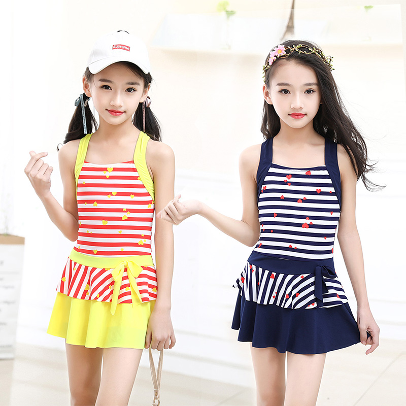 New Girls Swimsuit Baby Big Boy Little Girl Korean Edition Striped Dress Flat Horn Student Conservative Swimsuit