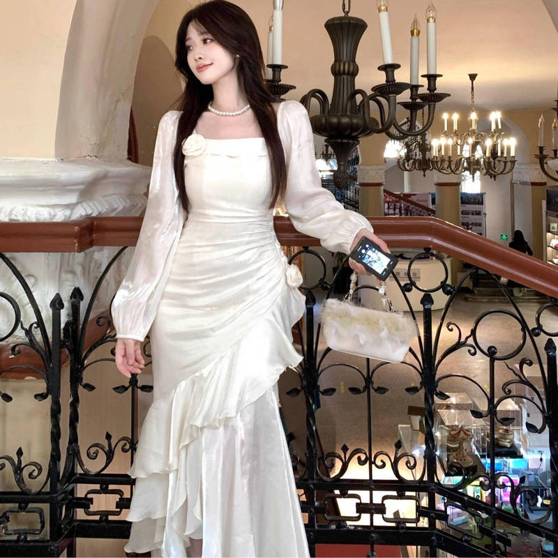2025 Autumn and Winter Plus Size French Style Dress Mermaid Skirt with Shimmering Chiffon Off-Shoulder Long Sleeve Dress